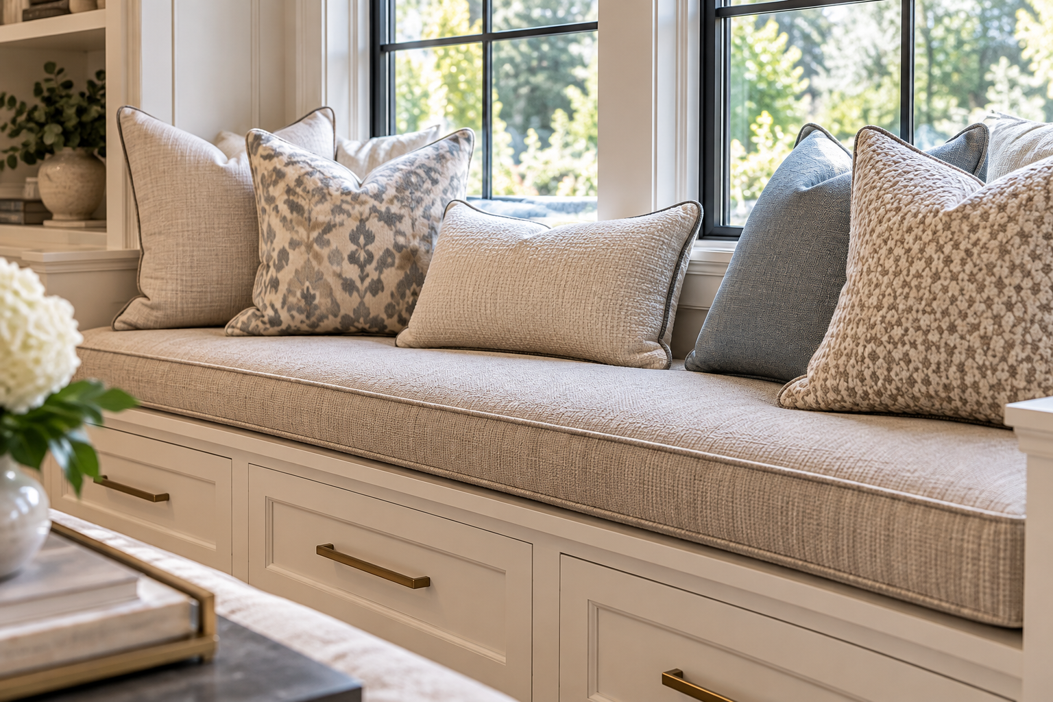 Custom window seat cushion with decorative pillows in a Bergen County home