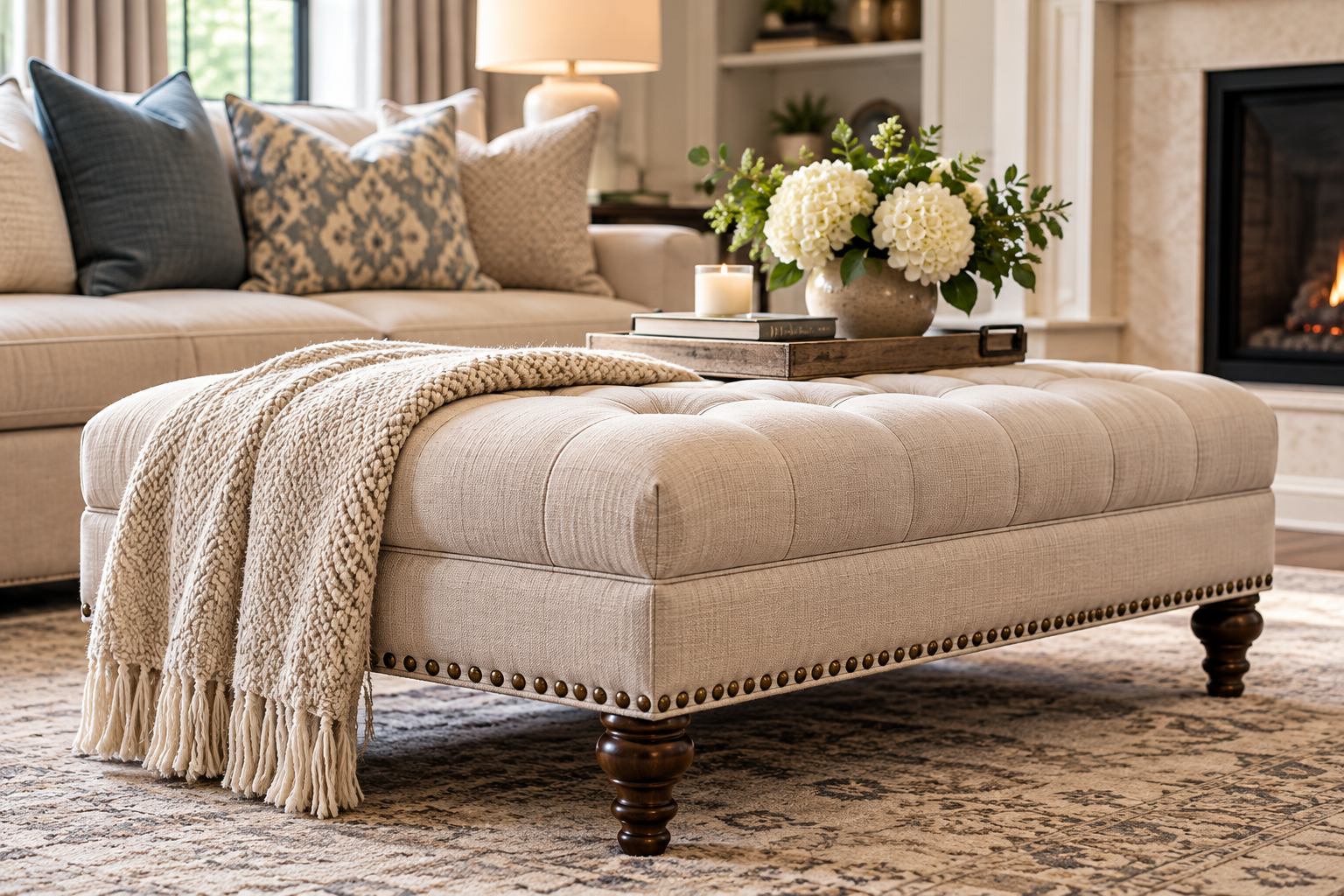 Custom upholstered ottoman with tufted fabric and nailhead trim